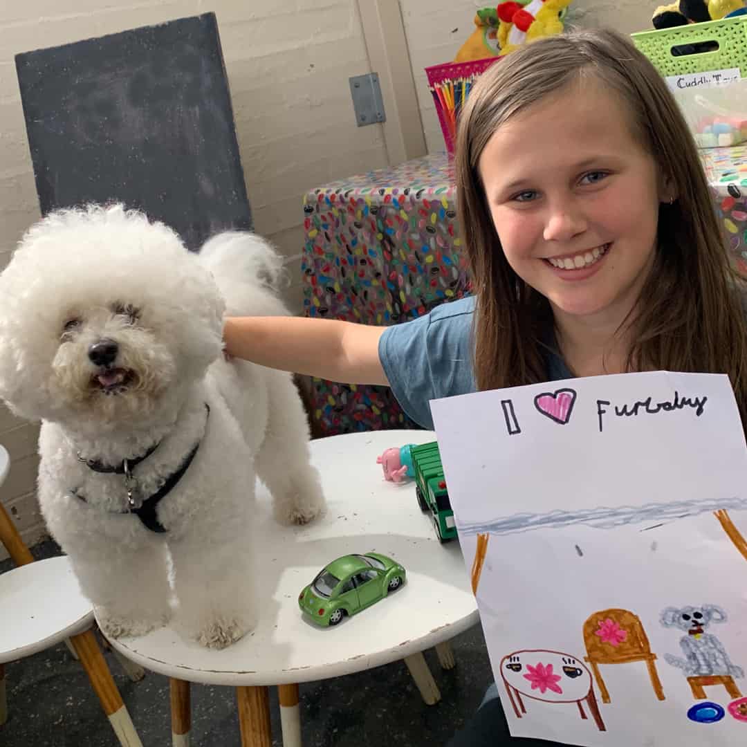 Bichon and Little Girl at Dog Cafe Perth
